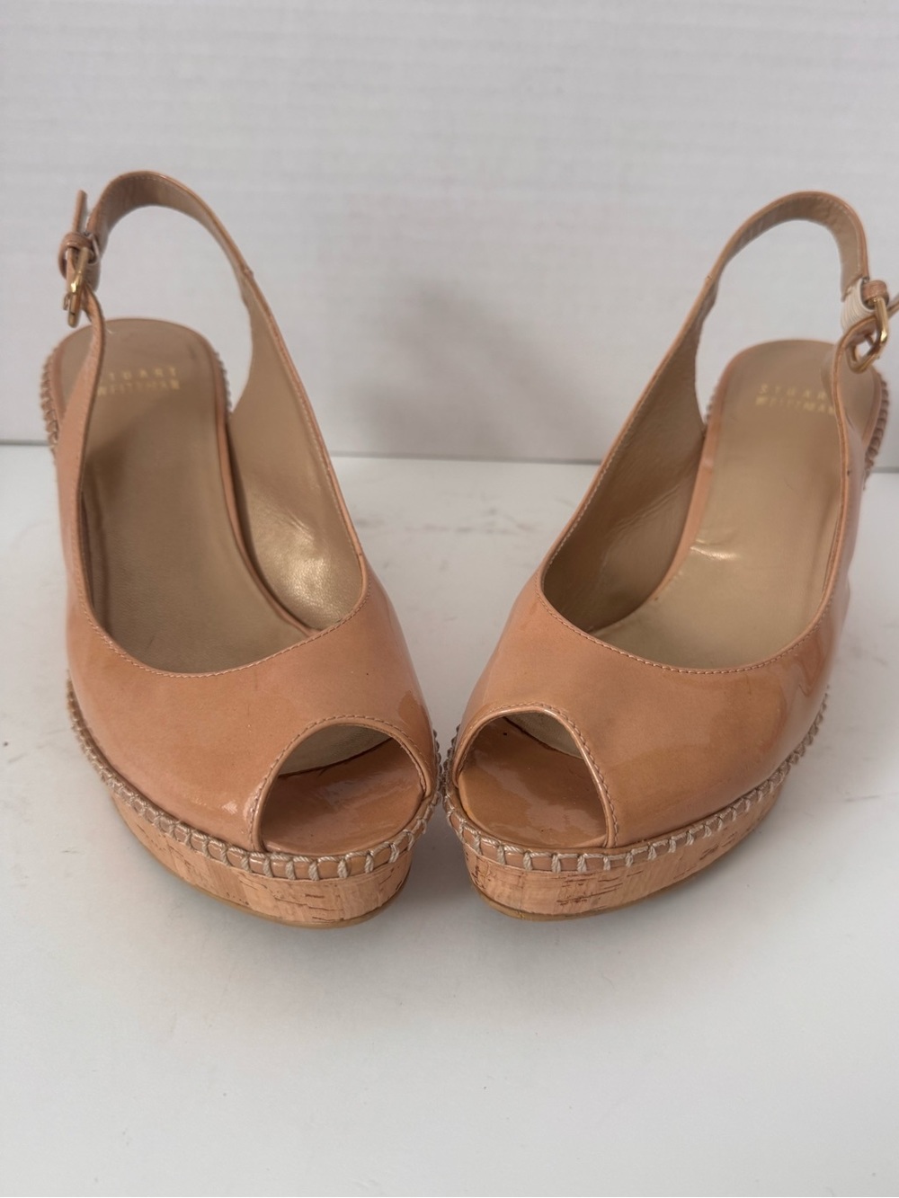 Stuart Weitzman Jean Nude Patent Leather Cork Wedge Slingback Sandals Size 7M